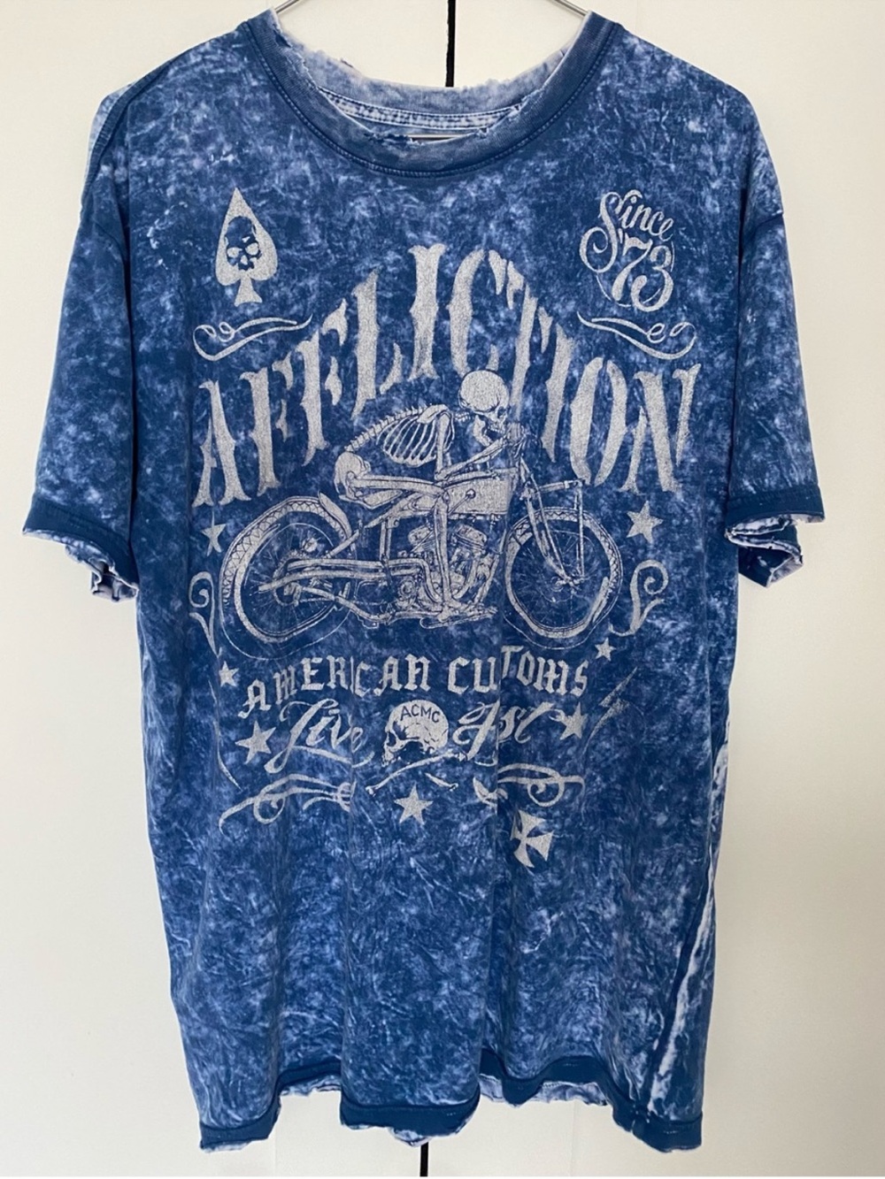 Affliction Men’s Blue Acid Wash Distressed Live Fast Motorcycle Graphic Tee XL